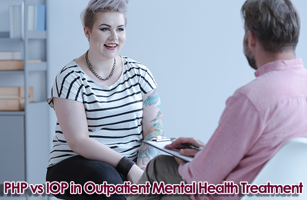 Young girl with tattoos in a therapy session. Text overlay reads "PHP vs IOP in Outpatient Mental Health Treatment"